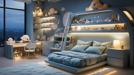 3d rendering of a children's room with a bed and toysの素材