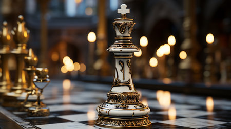 Chess pieces on a chessboard in the church. 3d renderingの素材