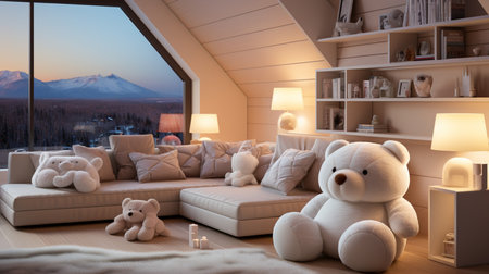 Interior of a attic living room with a view of the mountainsの素材