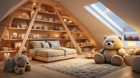 Interior of a children's room with a wooden bed, a teddy bear and toys. 3d renderingの素材