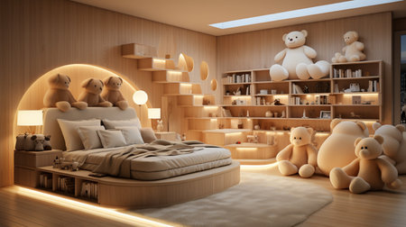 3d rendering children's room with bed and teddy bears.の素材