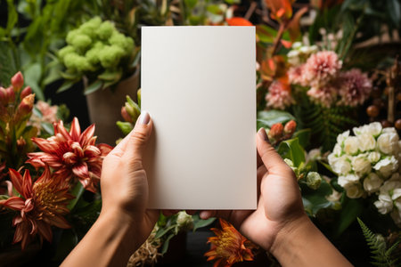 cropped view of florist holding blank card in flower shopの素材
