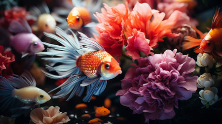 Colorful goldfish in the aquarium. Shallow depth of field.の素材