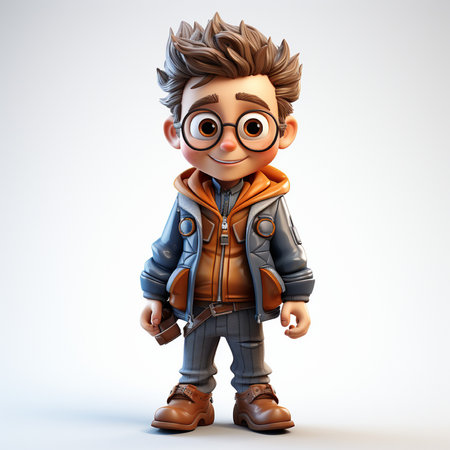 3D Render of Little Boy with nerd glasses and leather jacket.の素材