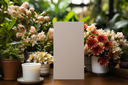 Blank card mockup on wooden table with flowers in flower shopの素材