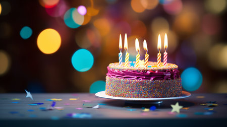 Birthday cake with burning candles on bokeh background, closeupの素材