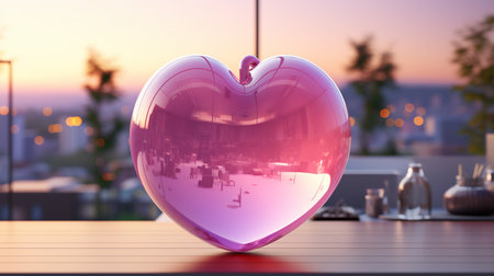 Pink heart on the table in front of the window. 3d renderingの素材