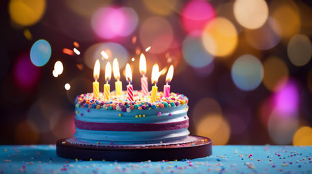 Birthday cake with burning candles on bokeh background, closeupの素材