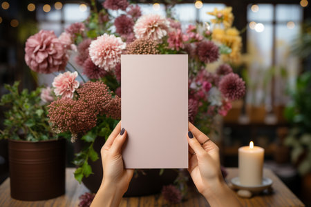 Female hands holding a blank card with copy space. Mockup for branding identity.の素材