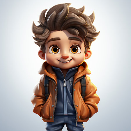 Handsome boy with brown jacket and backpack, 3d renderingの素材