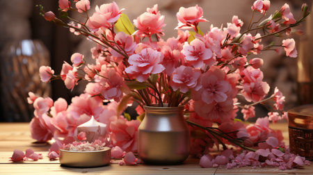 Beautiful sakura flowers in vase on wooden table, closeupの素材