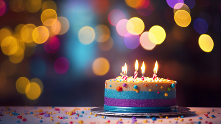 Birthday cake with burning candle on bokeh background, closeupの素材