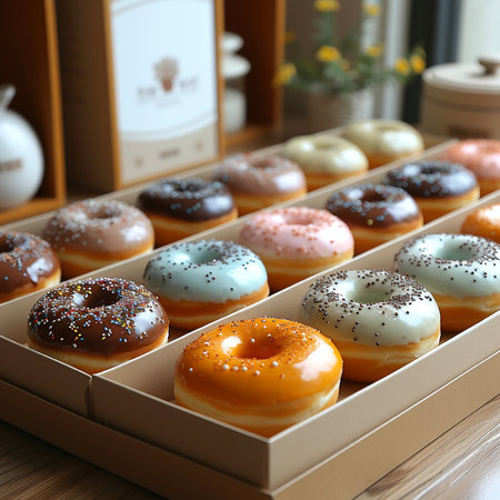 Donuts in a box on a wooden table, close-upの素材