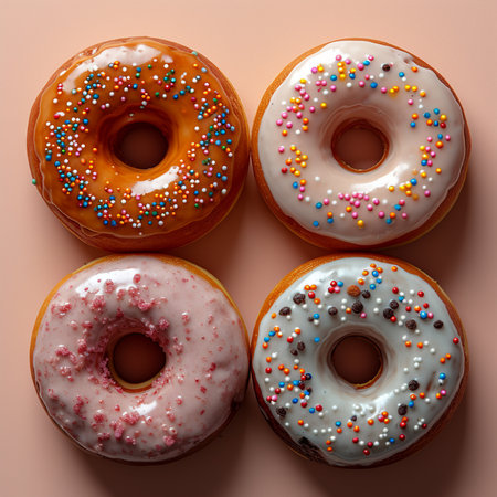 Three donuts with icing and sprinkles on pink background, top viewの素材