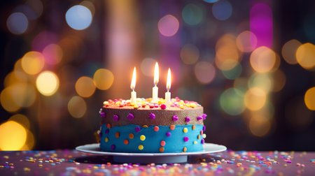 Birthday cake with burning candles on bokeh background, closeupの素材