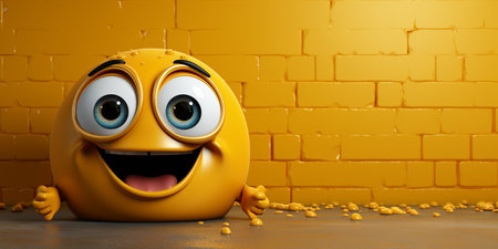 3d illustration of yellow smiling emoticon over yellow brick wall backgroundの素材