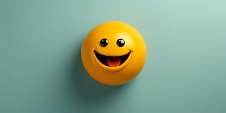 Smiling yellow emoticon on blue background. 3d render illustrationの素材