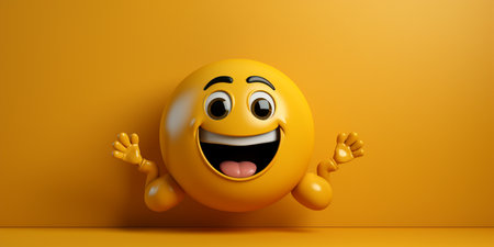 3d rendering of yellow emoticon with happy face on orange backgroundの素材