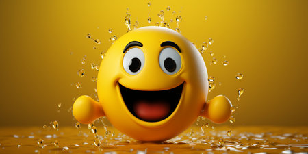 3d illustration of yellow smiley with splashes of water on yellow backgroundの素材