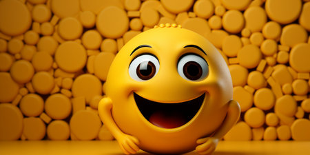 Funny yellow emoticon with smiley face. 3d illustrationの素材