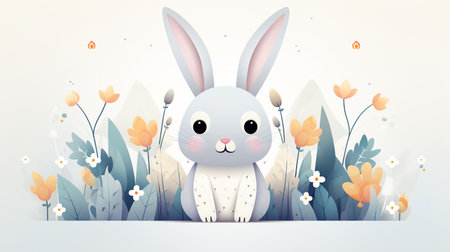 Cute rabbit with flowers and grass on white background. Vector illustration.の素材
