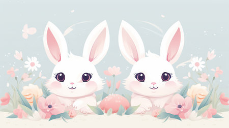 Cute cartoon rabbits with flowers in pastel colors. Vector illustrationの素材