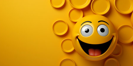 3d illustration of happy yellow smiley face with circles on yellow backgroundの素材