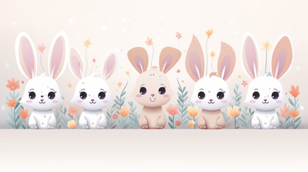 Cute Easter bunnies with flowers and leaves. Vector illustration.の素材