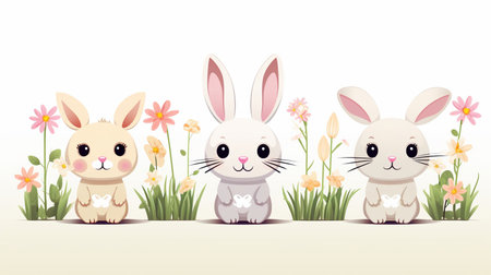 Rabbits and flowers. Cute cartoon characters. Vector illustration.の素材
