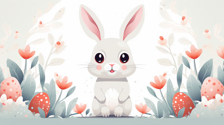 Easter greeting card with cute bunny and flowers. Vector illustration.の素材