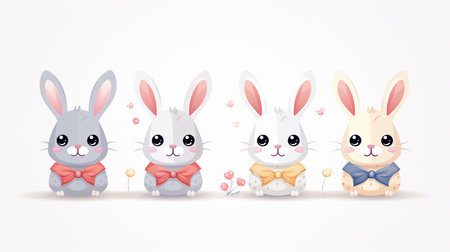 Cute Easter bunnies with bow tie and hearts. Vector illustration.の素材