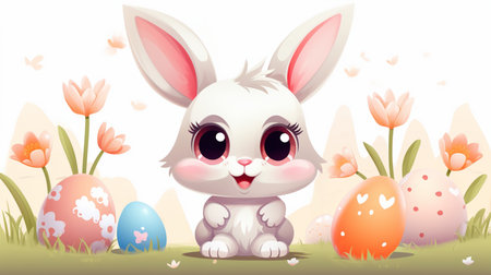 Cute easter bunny and eggs in the garden vector illustration.の素材