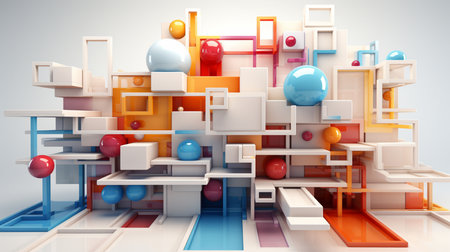 3d rendering of abstract geometric composition in white and orange colors.の素材