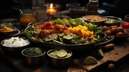 Assorted mexican food in a metal plate on dark backgroundの素材