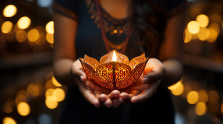 indian woman holding diwali oil lamp with bokeh backgroundの素材