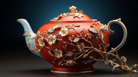 Ceramic teapot with floral ornament. 3D renderingの素材