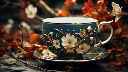 Cup of tea with floral ornament on a dark wooden background.の素材