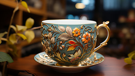 Cup of tea with floral pattern on the table in cafe.の素材