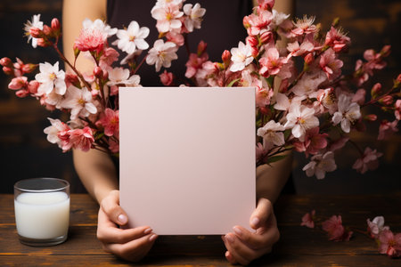 Cherry blossom flowers and woman hands holding blank paper on wooden tableの素材