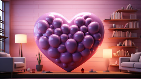 Modern living room interior with purple heart shaped balloons. 3D renderingの素材