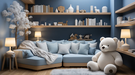 3D rendering of a modern living room with a blue sofa and a teddy bearの素材