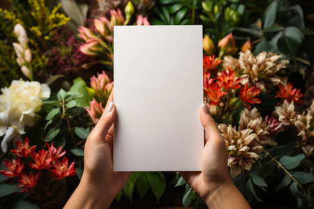 Female florist holding blank paper sheet in flower shop, closeupの素材