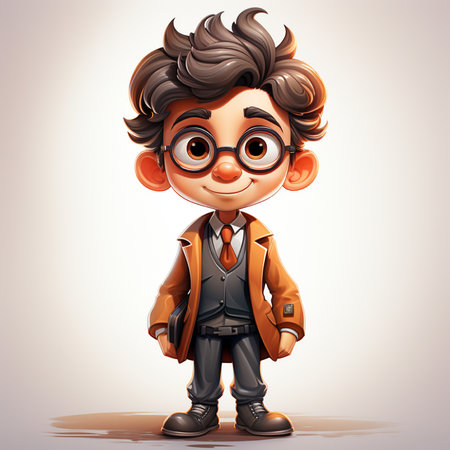 Cute little boy in brown coat and glasses. Vector illustration.の素材