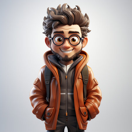3D illustration of a young man with glasses and a leather jacketの素材