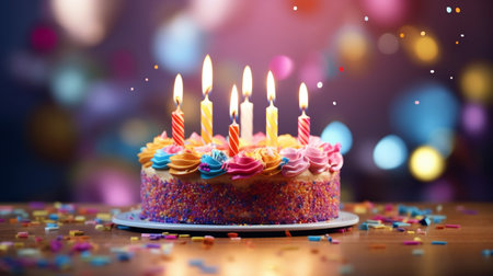 Birthday cake with burning candles on wooden table against bokeh backgroundの素材