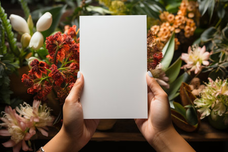 Female hands holding a blank white business card in a flower shop.の素材