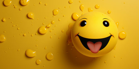 smiley face with water drops on yellow background, 3d illustrationの素材