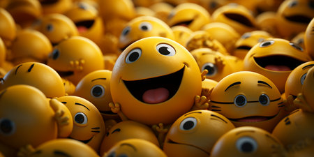 3d illustration of yellow smiley emoticon with different facial expressionsの素材