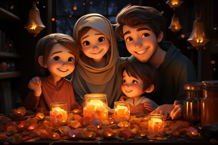 Happy family with children in the room with burning candles. Christmas concept.の素材