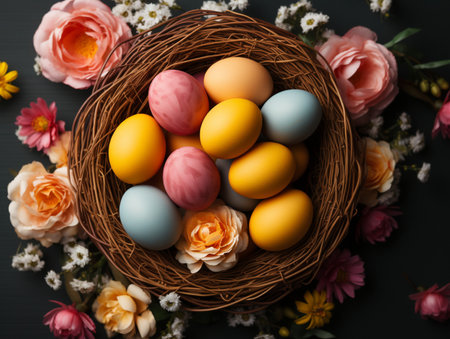 Colorful easter eggs in nest and flowers on black background, top viewの素材